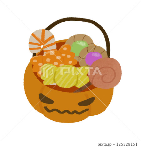 ハロウィンのお菓子詰め合わせの手描きのかわいいイラスト ハロウィンのお菓子詰め合わせの手描きのかわいいイラスト 125528151