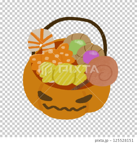 ハロウィンのお菓子詰め合わせの手描きのかわいいイラスト ハロウィンのお菓子詰め合わせの手描きのかわいいイラスト 125528151