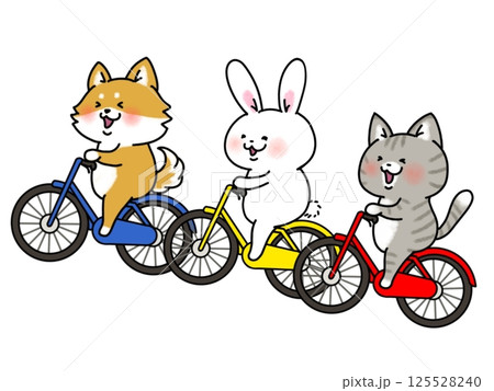 自転車に乗ってみんなでお出かけする犬猫兎トリオ 125528240