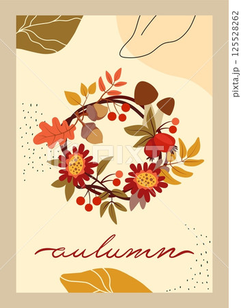 Autumn botanical frame. Season poster. Card design. Orange leaves and mushroom round frame. Maple tree foliage. Banner floral sale. Vector cartoon flat style isolated illustration 125528262