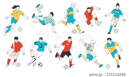 Soccer players. Football team, play character poses. Professional goalkeeper, dynamic foot ball. Men in sport uniform kicking balls, game competition. Vector cartoon flat isolated set Soccer players. Football team, play character poses. Professional goalkeeper, dynamic foot ball. Men in sport uniform kicking balls, game competition. Vector cartoon flat isolated set 125528266