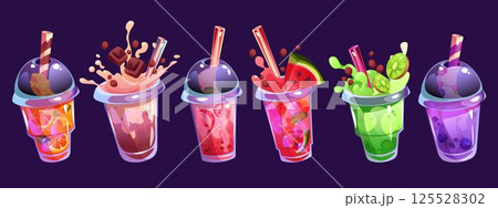 Summer drink. Fruit juice, cocktail for beverage menu. Ice glass lemonade, cold strawberry or sweet orange fresh. Watermelon, milk chocolate and kiwi. Isolated menu elements. Vector set 125528302