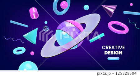 3D planet. Space tech shapes. Neon future universe with fun orbit sphere or glass star. Atom structure. World solar ball. Gravity floating. Render orb with rings. Vector background 125528304