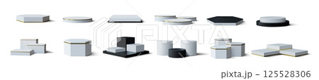 White podium. 3d gold platform, product stand or pedestal box stage. Square award display, rectangle block scene. Marketing presentation or museum exhibition. Isolated vector background set 125528306