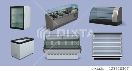 Supermarket freezer. Store shelf display. Empty chiller. Showcase stand. Grocery market door. Merchandise presentation. 3D shop refrigerator. Shopping rack. Vector showing furniture set 125528307