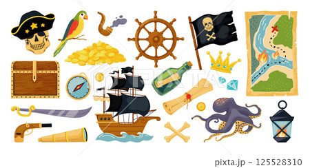 Treasure map. Pirate wooden chest. Ocean sailboat with crossbones flag. Octopus or parrot on hat. Sea island. Gold money coins. Corsair costume for adventures. Vector cartoon stickers set Treasure map. Pirate wooden chest. Ocean sailboat with crossbones flag. Octopus or parrot on hat. Sea island. Gold money coins. Corsair costume for adventures. Vector cartoon stickers set 125528310
