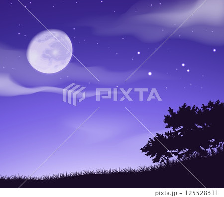 Night blue sky. Full moon. Stars and clouds. Black silhouette forest. Twilight sparks. Midnight starlit. Meadow grass. Moonlight glow. Nighttime scenery. Vector evening dusk landscape 125528311