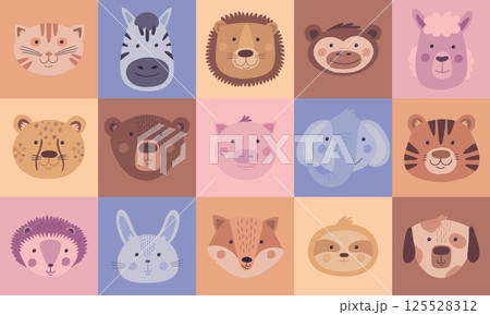 Cute animals. Bear and cat kid face, card with pig and dog characters, bunny and lion child in doodle jungle. Hand drawn elephant, fox and sloth. Vector cartoon square design set 125528312
