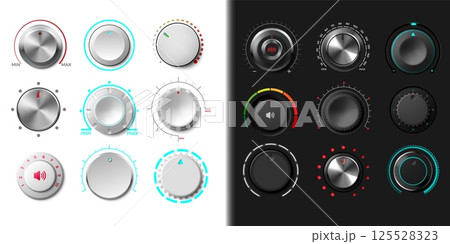 Volume dial. Knob button. Round radio switch regulator for music recorder. UI level turn controller. Radial sound scale. Audio panel tumbler. Console dashboard. Vector isolated set 125528323