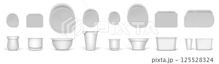 Yoghurt package. Top of square pack mockup, round lid container or food, milk box different forms. Empty label, blank plastic cream pot. Packaging design for product vector template 125528324