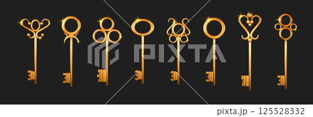 Gold key. Old golden lock for vintage luxury house door, antique ornate metal symbol. Creative luxury metallic texture, elegant bronze safe object. Vector icons design realistic isolated set Gold key. Old golden lock for vintage luxury house door, antique ornate metal symbol. Creative luxury metallic texture, elegant bronze safe object. Vector icons design realistic isolated set 125528332