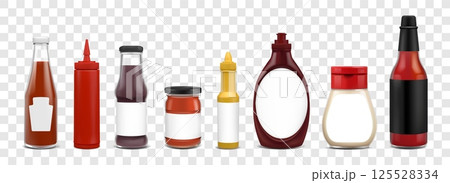 Sauce bottle. 3D product jar. Realistic ketchup. Food condiment taste. Mustard dressing. Blank clear glass. Packaging mockups. Mayonnaise and hot salsa. Vector isolated containers set 125528334