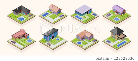 Isometric house. Country villa landscaping with pool and garden trees. 3D building. Housing development. Real estate blocks perspective view. Mansion roof and balcony. Vector icons set 125528336