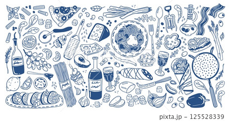 Italian food. Wine, cheese pizza in cook menu for mediterranean restaurant, drink and culinary ingredients. Pasta and wine. Line kitchen recipes. Menu icons. Vector sketch isolated set 125528339