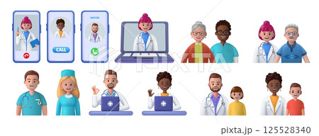 Doctor and patient icons. 3D people faces. Medic specialists. Health care telemedicine. Online medicine. Smartphone and laptop screen. Family consultation. Vector medical web exams set 125528340