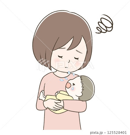 泣いている赤ちゃんを抱っこして困るママ 125528401
