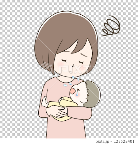 A mother who is having trouble holding a crying baby 125528401