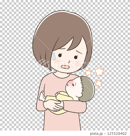 一位憂心忡忡的母親抱著因高燒而精疲力竭的嬰兒 125528402