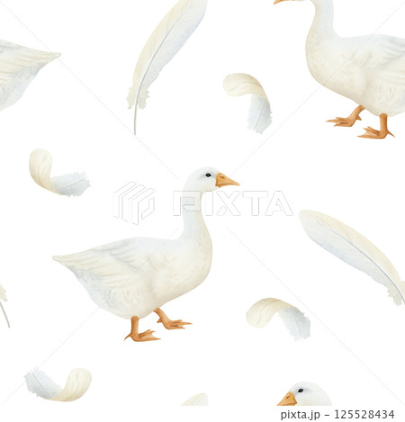 White goose with feathers and down watercolor seamless pattern. Cute waterfowl bird in hand drawn simple style. Vintage farm background for village and Easter designs 125528434