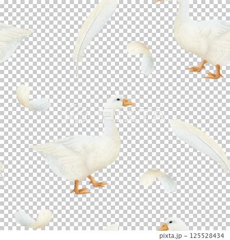 White goose with feathers and down watercolor seamless pattern. Cute waterfowl bird in hand drawn simple style. Vintage farm background for village and Easter designs 125528434