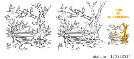 Find the differences quiz game. What has changed in the park scene. Puzzle Hidden Items. Educational game for children. Outline hand drawn illustration with cat sitting on a bench under leafless tree 125528534