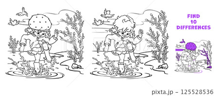 Matching game with child girl jumping, splashing and stomping joyfully in puddle after rain. Find the differences puzzle. Hand drawn outline educational scenery worksheet. Educational coloring page Matching game with child girl jumping, splashing and stomping joyfully in puddle after rain. Find the differences puzzle. Hand drawn outline educational scenery worksheet. Educational coloring page 125528536