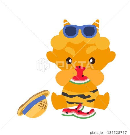 サングラスをかけてスイカを食べる黄鬼のイラスト 125528757
