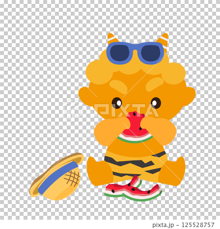 サングラスをかけてスイカを食べる黄鬼のイラスト 125528757