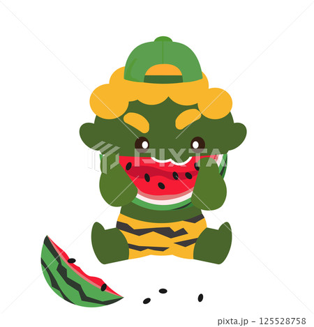 キャップをかぶりスイカを食べる緑鬼のイラスト 125528758