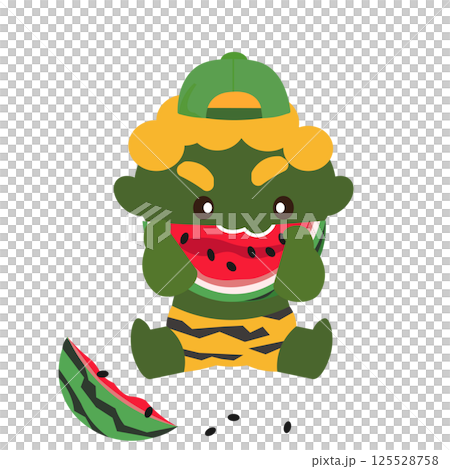 キャップをかぶりスイカを食べる緑鬼のイラスト 125528758