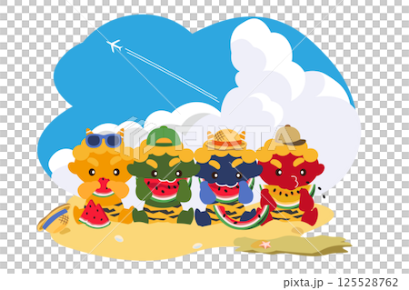An illustration of a colorful demon eating watermelon on a sandy beach in front of a cumulonimbus and contrail background 125528762