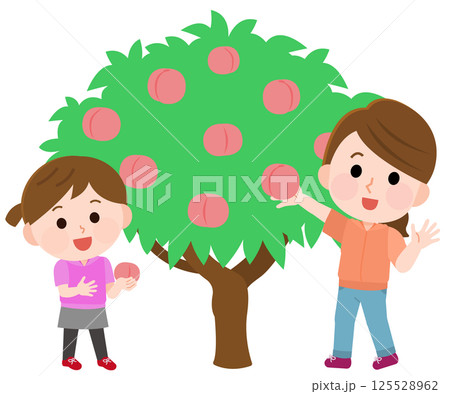 桃狩りする親子　イラスト 125528962