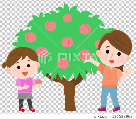 桃狩りする親子　イラスト 125528962