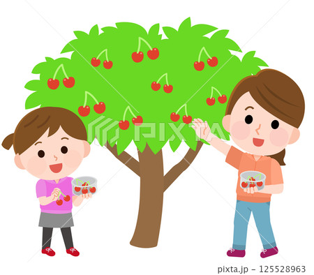 さくらんぼ狩りする親子　イラスト 125528963