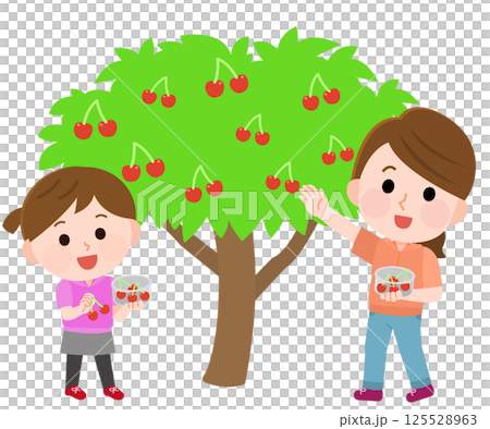 さくらんぼ狩りする親子　イラスト 125528963