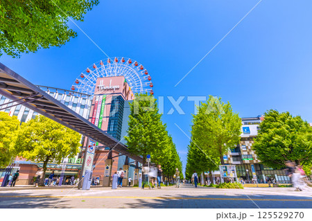 日本の横浜都市景観 センター北駅前、都築阪急の観覧車などを望む 125529270
