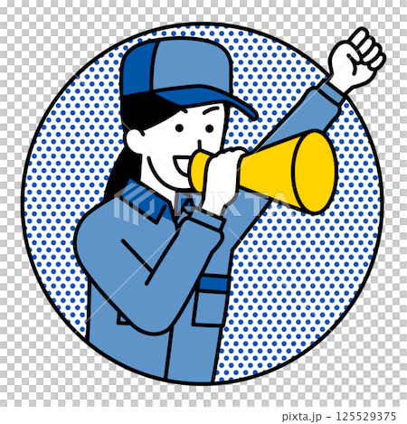 A woman in overalls jumping out of a circle and cheering with a megaphone A woman in overalls jumping out of a circle and cheering with a megaphone 125529375