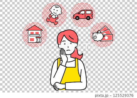 A woman in an apron thinking about her life plan A woman in an apron thinking about her life plan 125529376