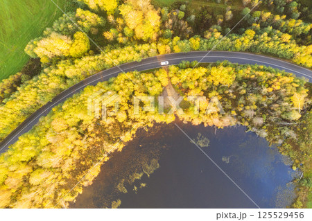 Aerial view of rural road with white car in yellow and orange autumn forest. Aerial road near the lake with moving car. Top view autumn road landscape. Top view of asphalt roadway Aerial view of rural road with white car in yellow and orange autumn forest. Aerial road near the lake with moving car. Top view autumn road landscape. Top view of asphalt roadway 125529456