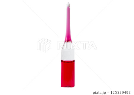 Vaccine isolated on white background. Medication bottle with vaccine isolated over white. Medicine vaccination equipment. Ampoule with antibiotic isolated on white. Ampoule with a vaccine 125529492