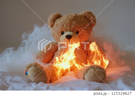 A teddy bear is sitting on a bed with its mouth open and its tongue sticking out 125529627