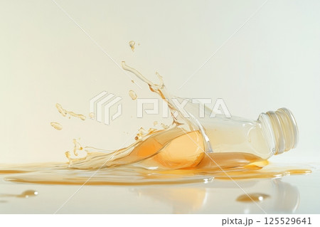 A bottle of liquid has spilled onto a white surface, creating a splash 125529641