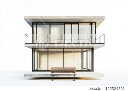 A modern building with a bench on the sidewalk in front of it 125529791