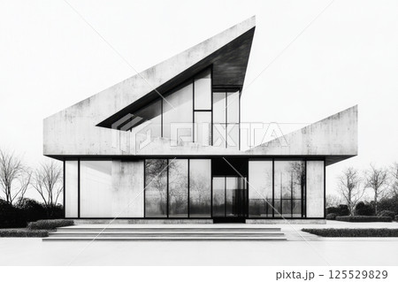 A large, modern house with a slanted roof and lots of windows 125529829