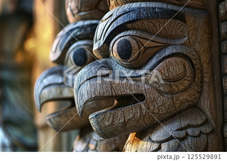 Two wooden bird statues with their beaks open, one of which has a large eye 125529891