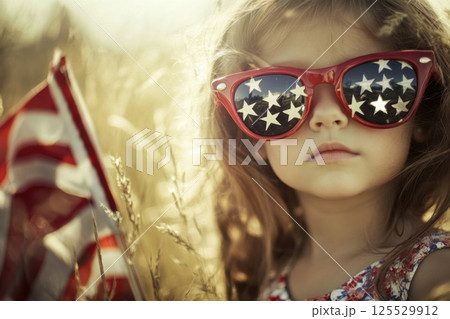 A young girl wearing red sunglasses and holding a red and white American flag 125529912