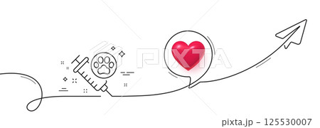 Dog vaccination line icon. Continuous line with share plane. Veterinary clinic sign. Pets care symbol. 3d heart in speech bubble. Dog vaccination single line ribbon. Loop curve pattern. Vector 125530007