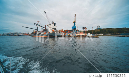 Massive cargo vessel approaching industrial harbor, loading containers with precision, highlighting international maritime shipping operations 125530223