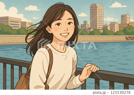 橋を歩く笑顔の女性のイラスト 125530276