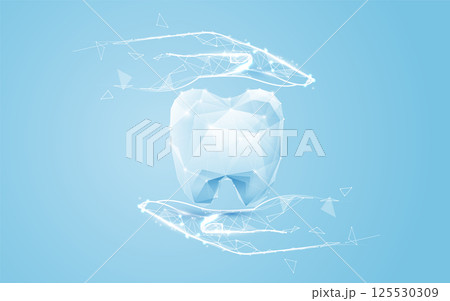 Digital Hands Protecting a Polygonal Tooth on Blue Background Digital Hands Protecting a Polygonal Tooth on Blue Background 125530309